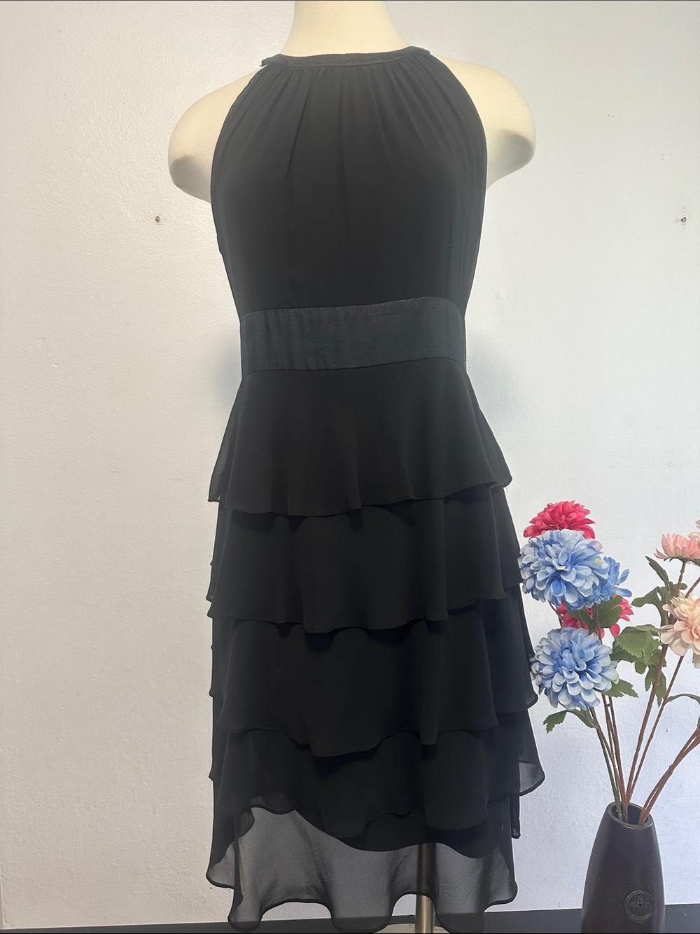 Evan Picone Black Tiered Halter Midi Dress